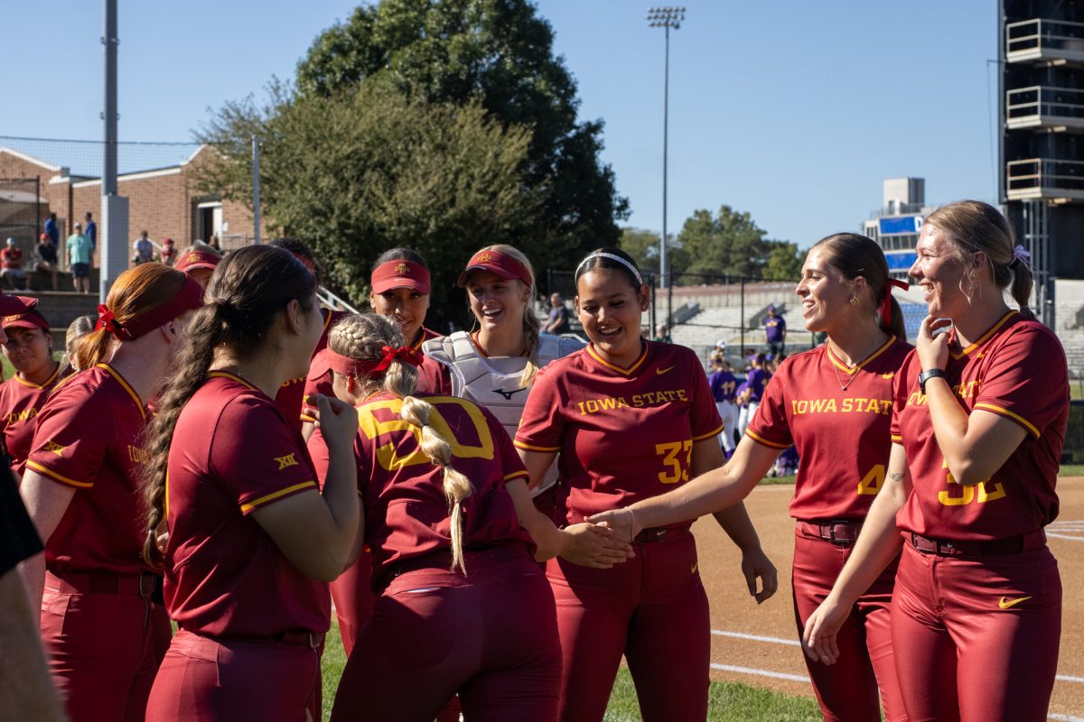 Iowa State's player Ashley Minor (50) running through during announcements versus University of Northern Iowa softball game During the Big 4 classic, at Buel Field, Drake University, Des Moines, Iowa, on Sept. 29, 2024.  