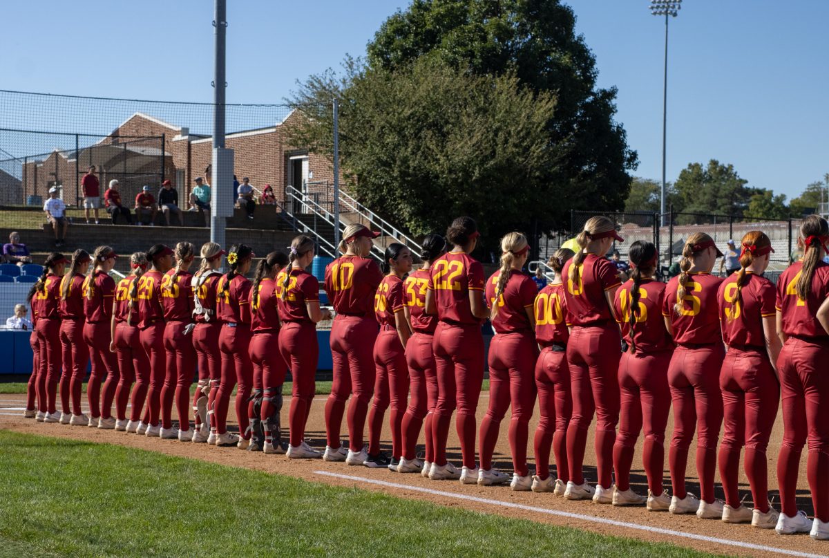 Iowa State's softball team lined up for the national anthem versus University of Northern Iowa softball game During the Big 4 classic, at Buel Field, Drake University, Des Moines, Iowa, on Sept. 29, 2024.  