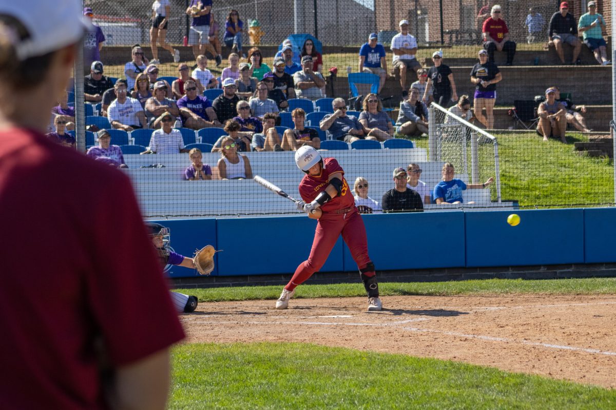 Iowa State's softball team's Ashley Minor (50) swinging versus University of Northern Iowa softball game During the Big 4 classic, at Buel Field, Drake University, Des Moines, Iowa, on Sept. 29, 2024.  