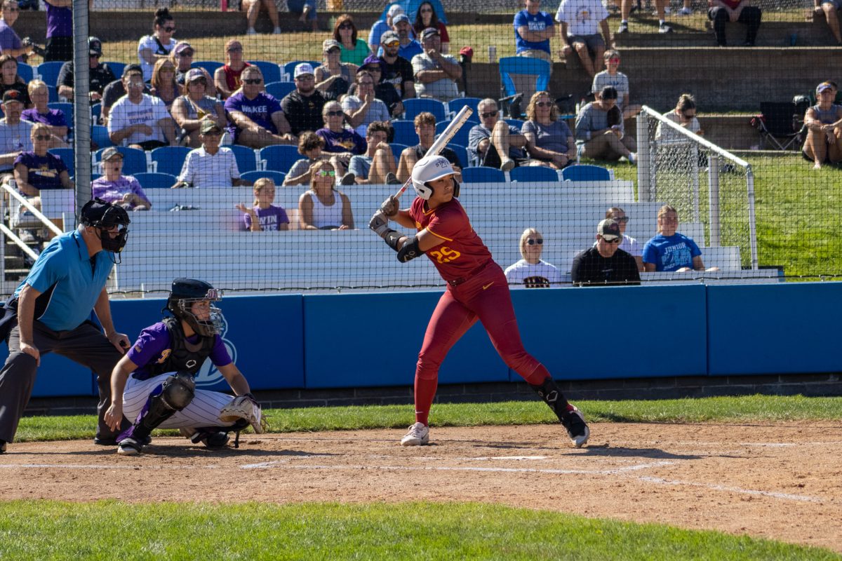 Iowa State's softball team Tiana Poole (29) looking to swing versus University of Northern Iowa softball game During the Big 4 classic, at Buel Field, Drake University, Des Moines, Iowa, on Sept. 29, 2024.  