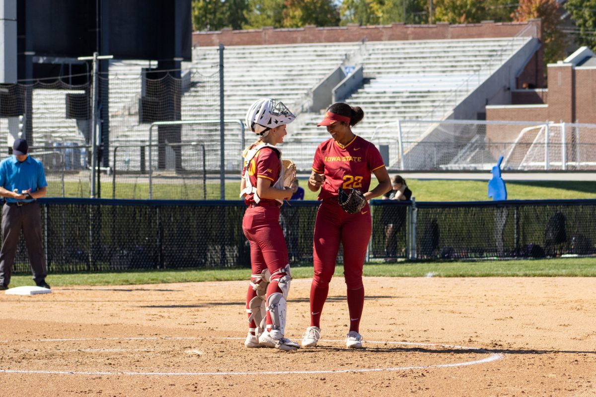 Iowa State's right hand pitcher Tatum Johnson (22) and catcher Maddie Knowles (46) having a conversation in the circle versus University of Northern Iowa softball game During the Big 4 classic, at Buel Field, Drake University, Des Moines, Iowa, on Sept. 29, 2024.  