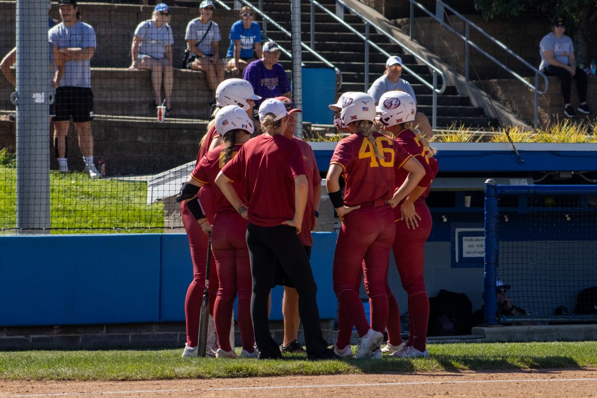 Iowa State's softball team gathered around during pitch change versus University of Northern Iowa softball game During the Big 4 classic, at Buel Field, Drake University, Des Moines, Iowa, on Sept. 29, 2024.  