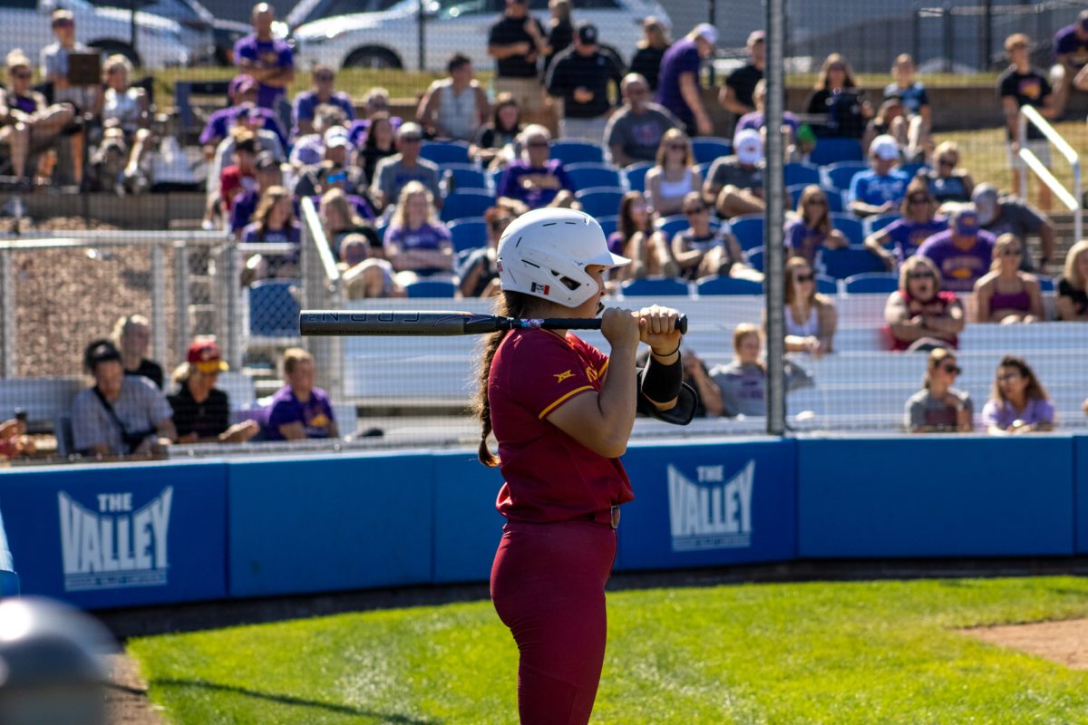 Iowa State's softball team's Angelita  Fuentes (5) on deck versus University of Northern Iowa softball game During the Big 4 classic, at Buel Field, Drake University, Des Moines, Iowa, on Sept. 29, 2024.  