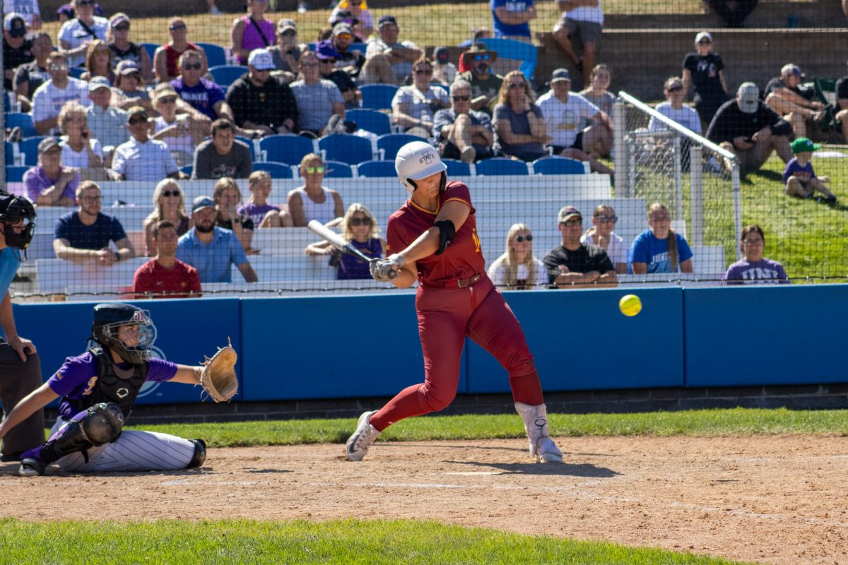 Iowa State's softball team's Paige Zender (10) swinging as the softball approaches versus University of Northern Iowa softball game During the Big 4 classic, at Buel Field, Drake University, Des Moines, Iowa, on Sept. 29, 2024.  