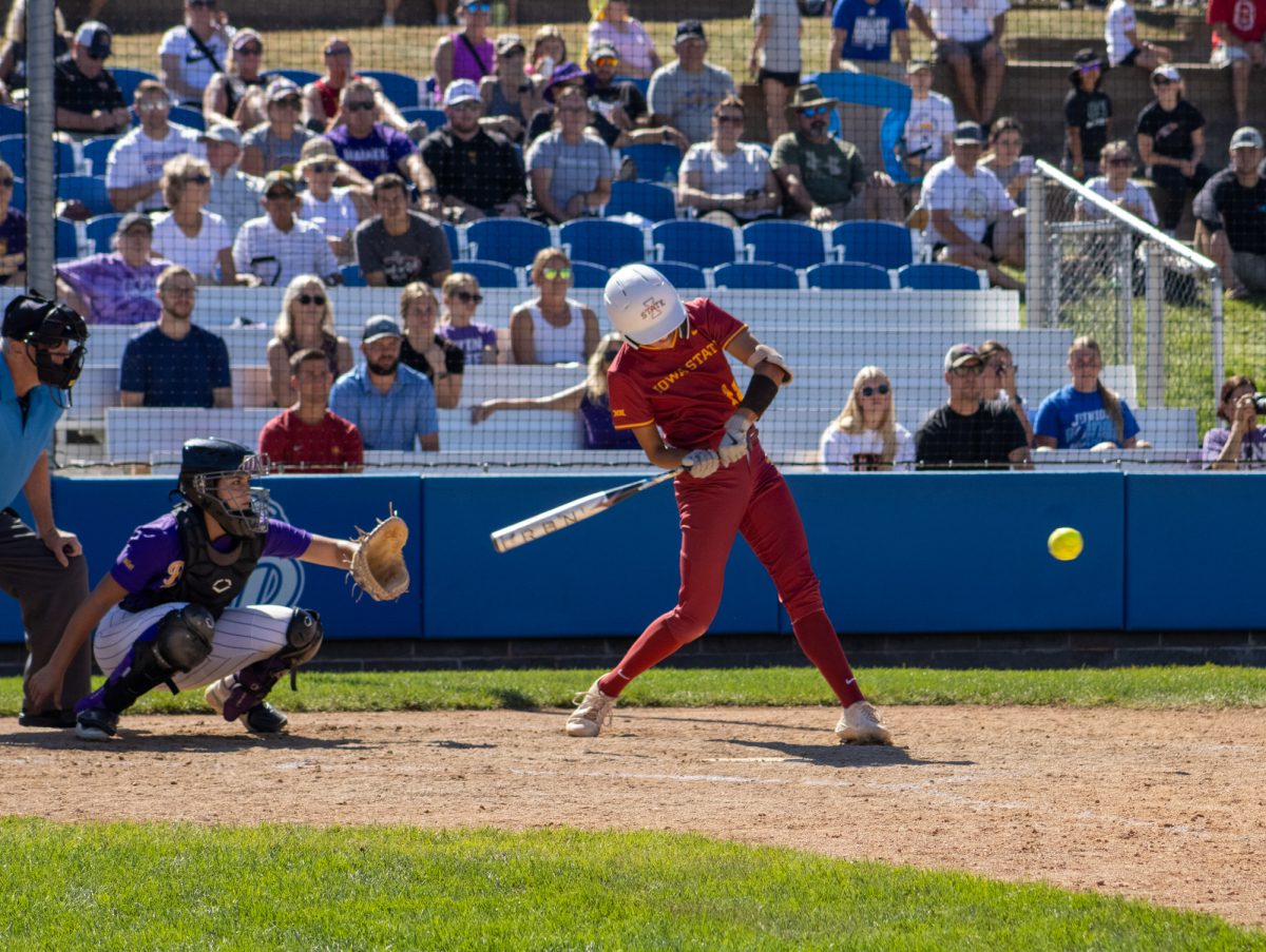 Iowa State's softball team's Jessie Clemons (18) swinging versus University of Northern Iowa softball game During the Big 4 classic, at Buel Field, Drake University, Des Moines, Iowa, on Sept. 29, 2024.  