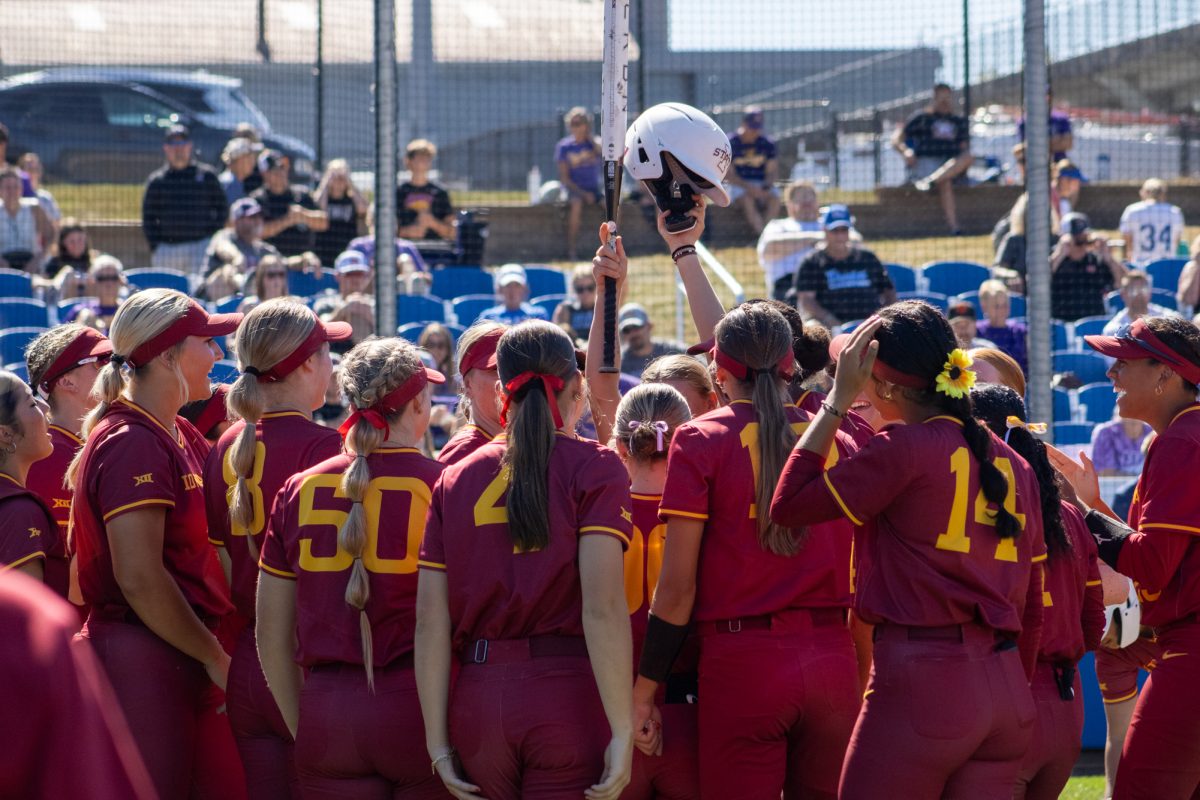 Iowa State's softball team celebrating home run versus University of Northern Iowa softball game During the Big 4 classic, at Buel Field, Drake University, Des Moines, Iowa, on Sept. 29, 2024.  