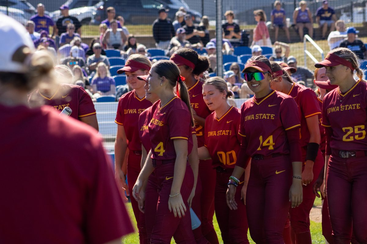 Iowa State's softball team heading back to the dugout after inning versus University of Northern Iowa softball game During the Big 4 classic, at Buel Field, Drake University, Des Moines, Iowa, on Sept. 29, 2024.  