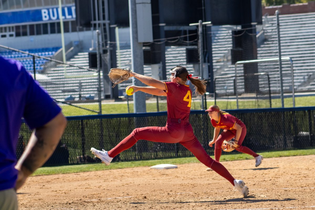 Iowa State's softball team's right hand pitcher Abby Huhn (4) pitching the softball versus University of Northern Iowa softball game During the Big 4 classic, at Buel Field, Drake University, Des Moines, Iowa, on Sept. 29, 2024.  