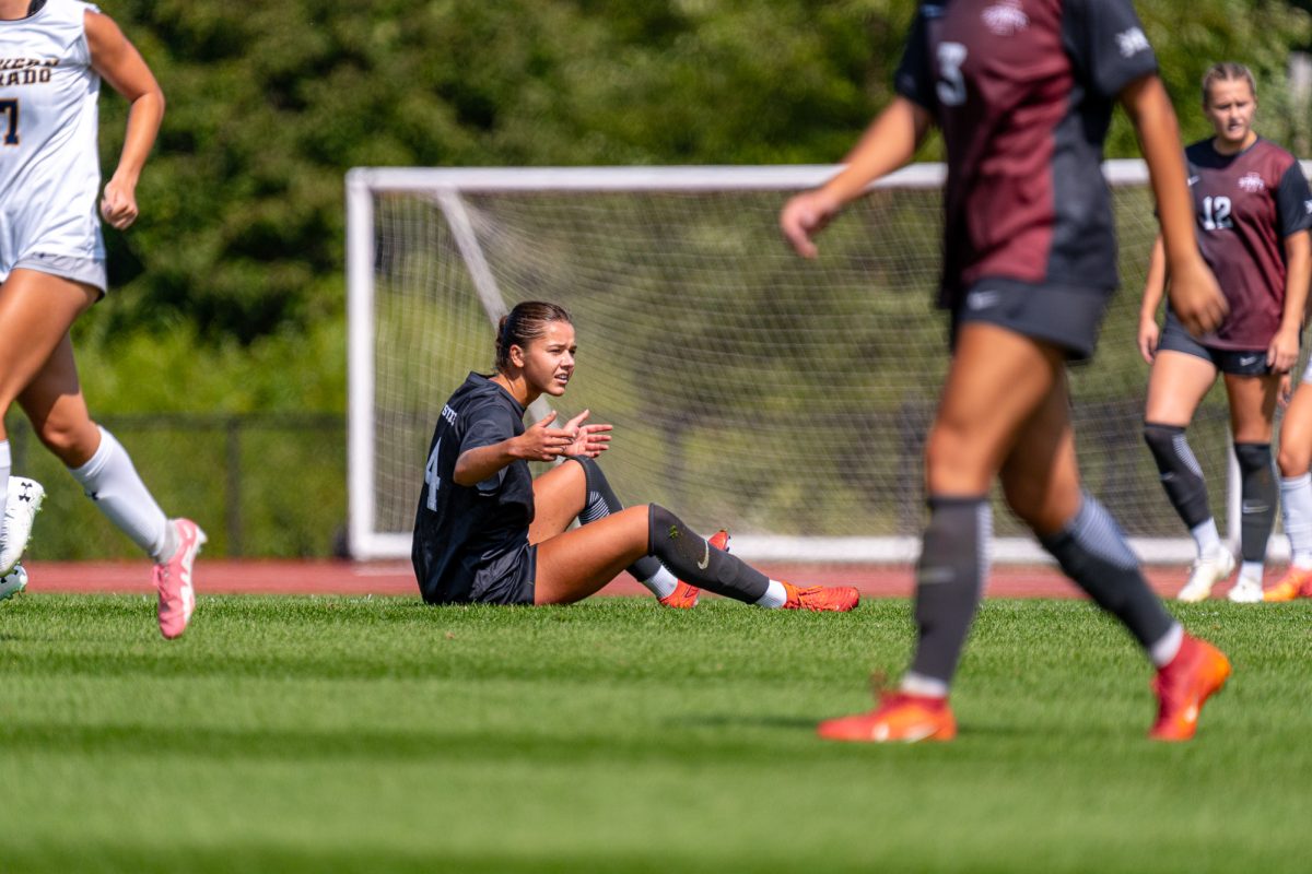 Iowa State midfielder Lauren Hernandez (14) throws her arms up in confusion after a call from the refs during the University of Northern Colorado vs. Iowa State home match on Sept. 8, 2024, Cyclone Sports Complex.