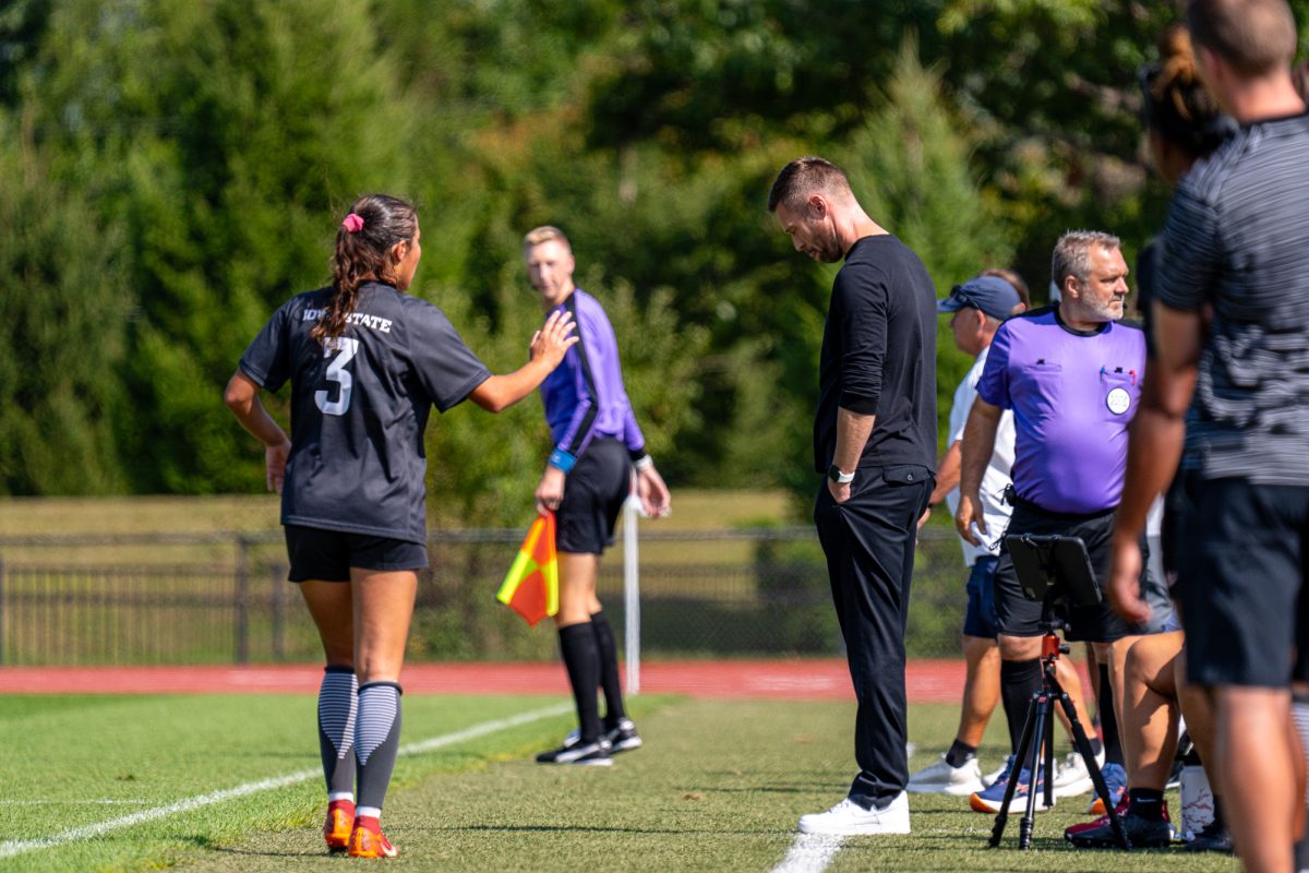 Iowa State head coach Matt Fannon drops his head after losing 1-0 to the University of Northern Colorado on Sept. 8, 2024, Cyclone Sports Complex.