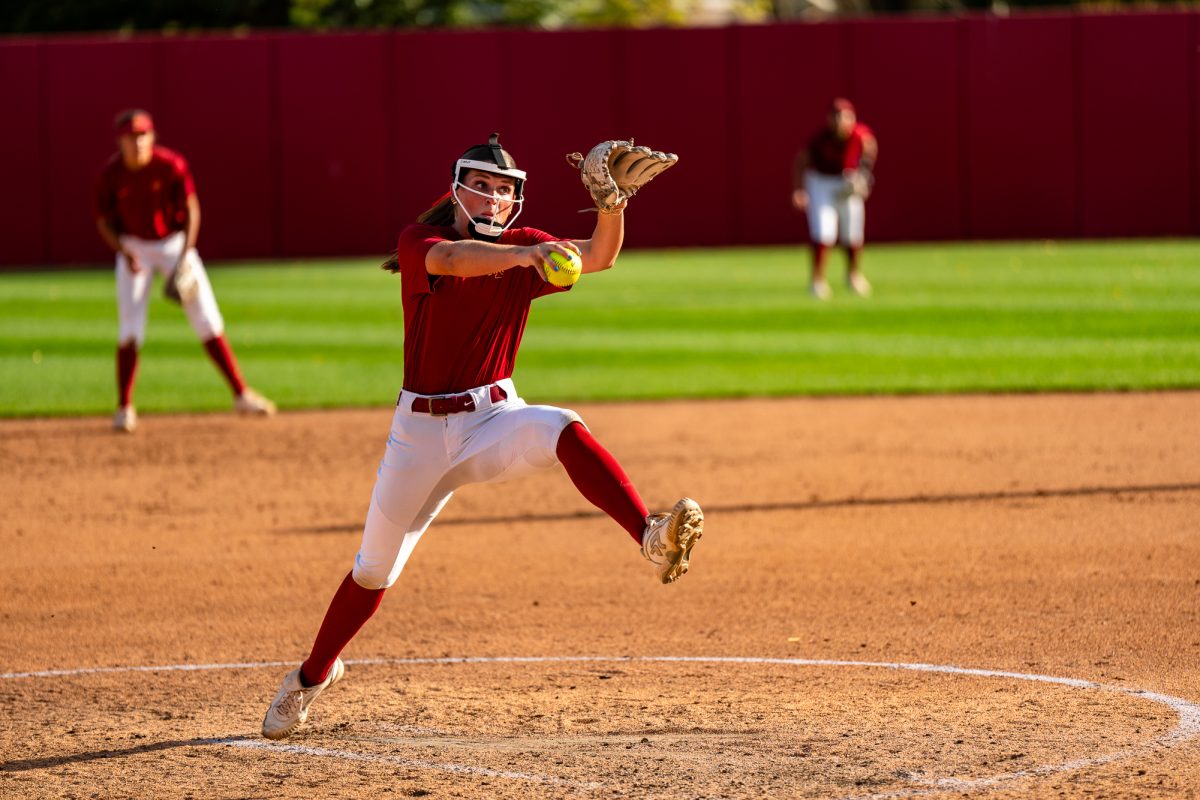 Abby Huhn (4) of Iowa State pitching against a DMACC batter for the Iowa State vs. DMACC home game on Sept. 18, 2024, Cyclone Sports Complex.