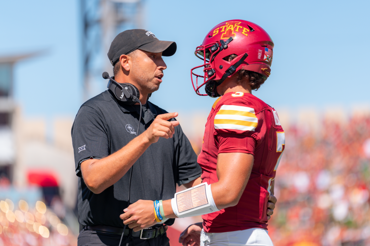 Matt Campbell coaches quarterback Rocco Becht (3) against North Dakota at Jack Trice Stadium in Ames, Iowa on Aug. 31, 2024.