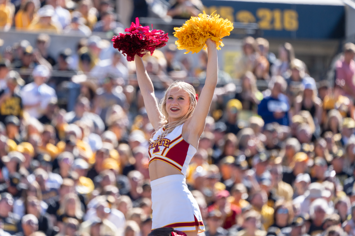 An Iowa State cheerleader cheers on the Iowa State football team during the Cy-Hawk game against Iowa at Kinnick Stadium in Iowa City, Iowa on Sept. 7 2024. 