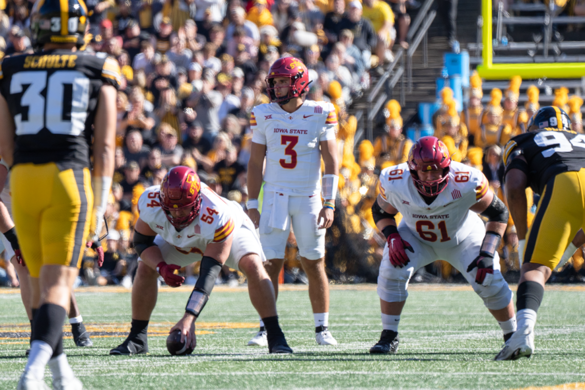 Rocco Becht (3) awaits the snap during the Cy-Hawk game against Iowa at Kinnick Stadium in Iowa City, Iowa on Sept. 7 2024. 