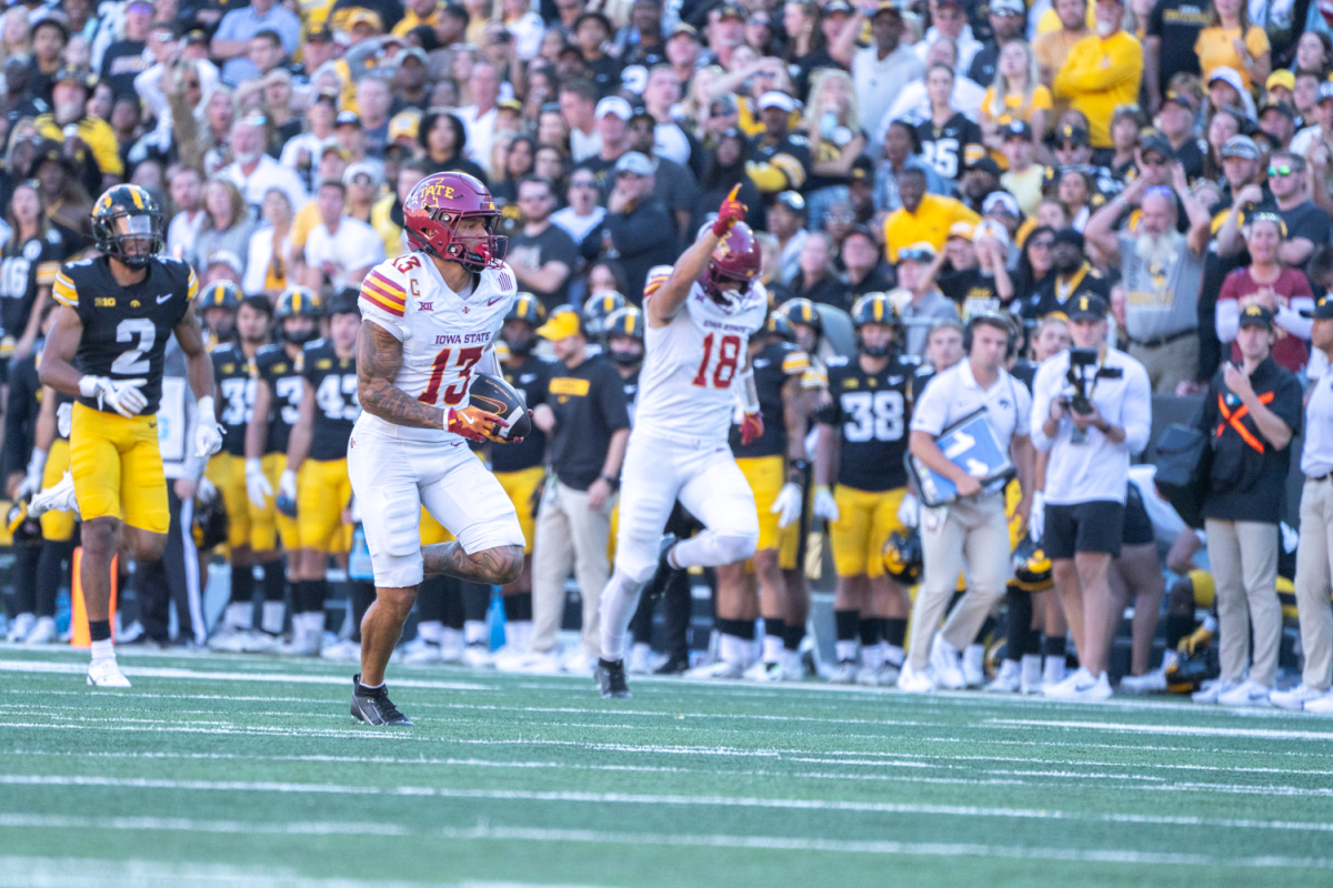 Jaylin Noel (13) runs towards the endzone during the Cy-Hawk game against Iowa at Kinnick Stadium in Iowa City, Iowa on Sept. 7 2024. 