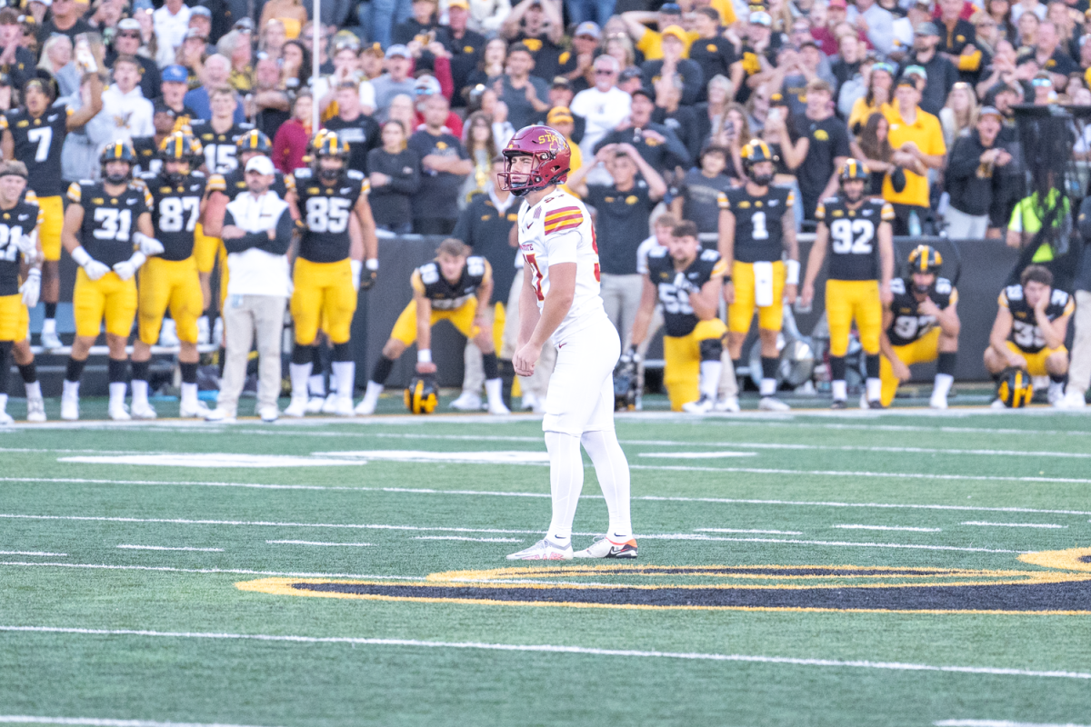 Kyle Konrardy (97) lines up for the game-winning field goal during the Cy-Hawk game against Iowa at Kinnick Stadium in Iowa City, Iowa on Sept. 7 2024. 