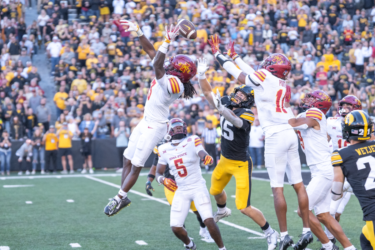 Darien Porter intercepts the ball to seal the Cy-Hawk series win against Iowa at Kinnick Stadium in Iowa City, Iowa on Sept. 7 2024. Iowa State defeats Iowa 20-19.