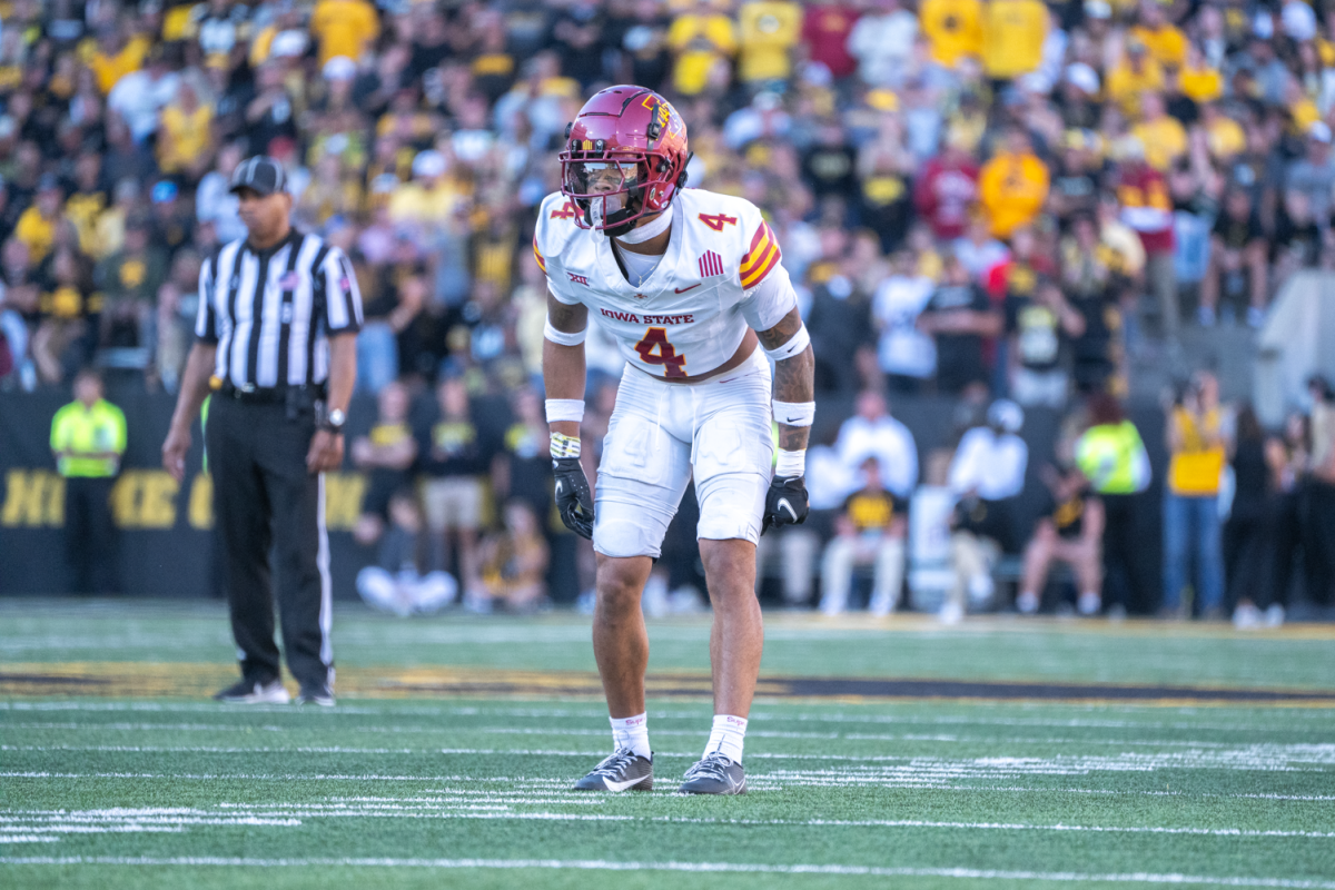 Jeremiah Cooper (4) lines up on defense during the Cy-Hawk game against Iowa at Kinnick Stadium in Iowa City, Iowa on Sept. 7 2024.