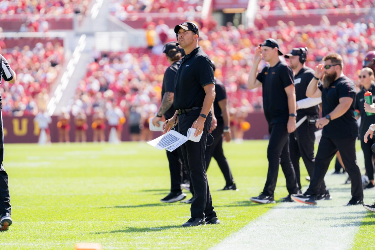 Matt Campbell stands on the sideline against Arkansas State at Jack Trice Stadium on Sept. 21, 2024.