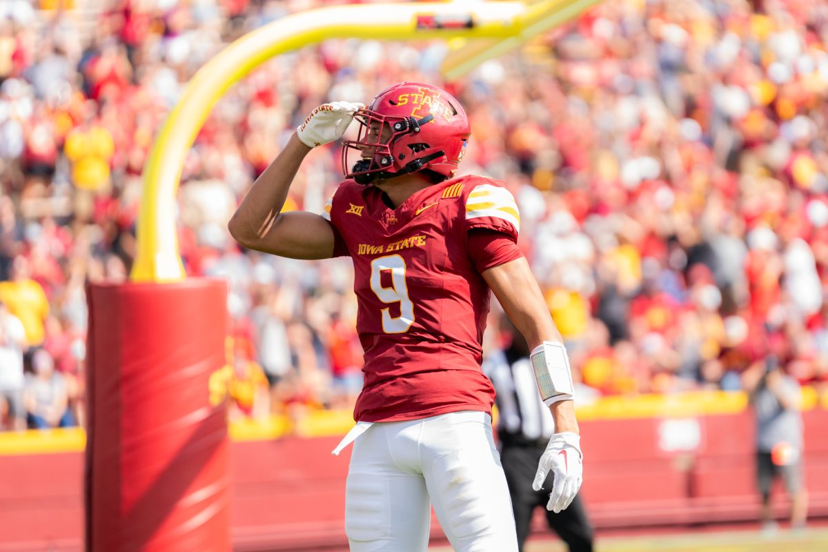 Jayden Higgins (9) celebrates in the end zone against Arkansas State at Jack Trice Stadium on Sept. 21, 2024.