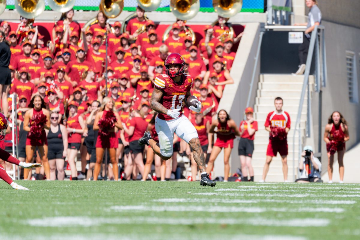 Jaylin Noel (13) runs in the open field against Arkansas State at Jack Trice Stadium on Sept. 21, 2024.