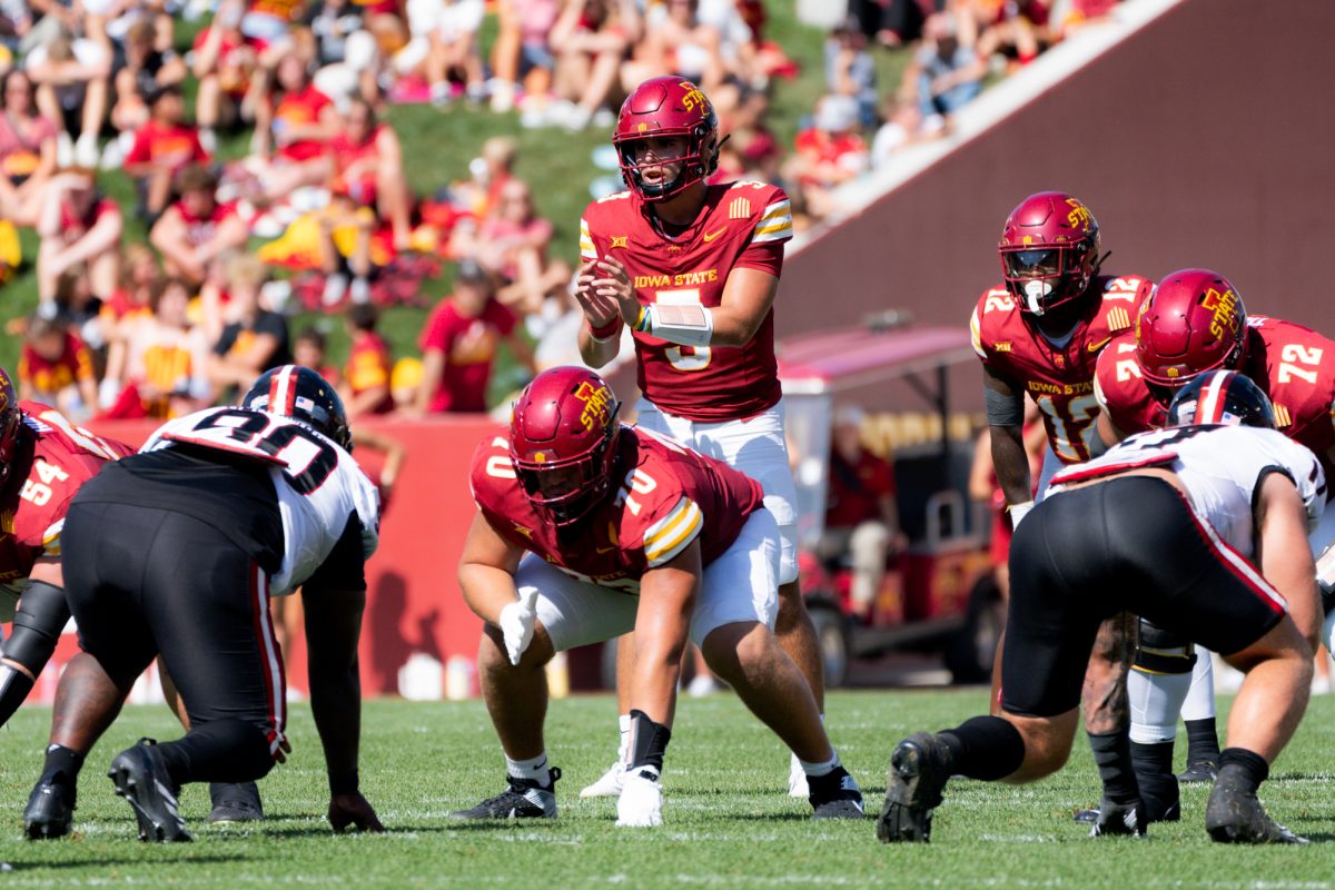 Rocco Becht (3) calls for the snap against Arkansas State at Jack Trice Stadium on Sept. 21, 2024.