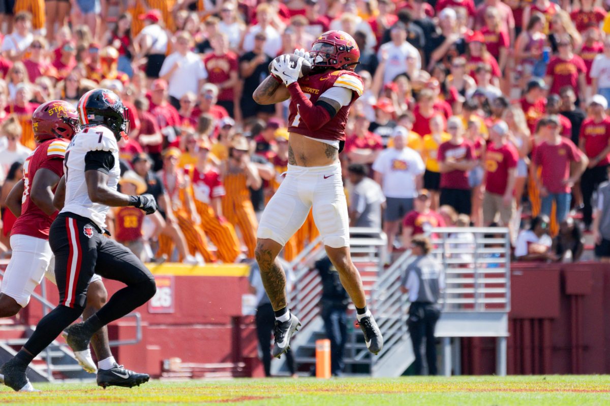 Malik Verdon (7) intercepts the ball off of a deflection against Arkansas State at Jack Trice Stadium on Sept. 21, 2024.