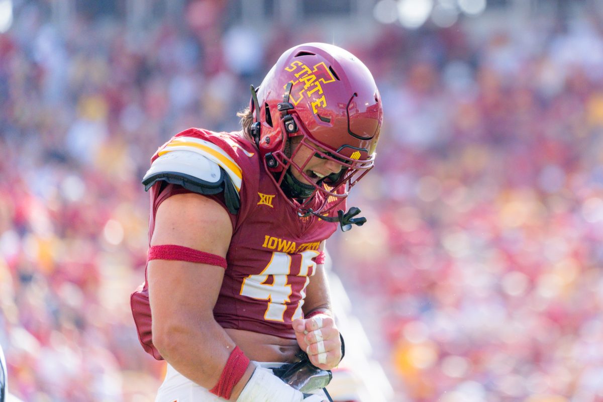 Kooper Ebel (47) celebrates after making a tackle against Arkansas State at Jack Trice Stadium on Sept. 21, 2024.