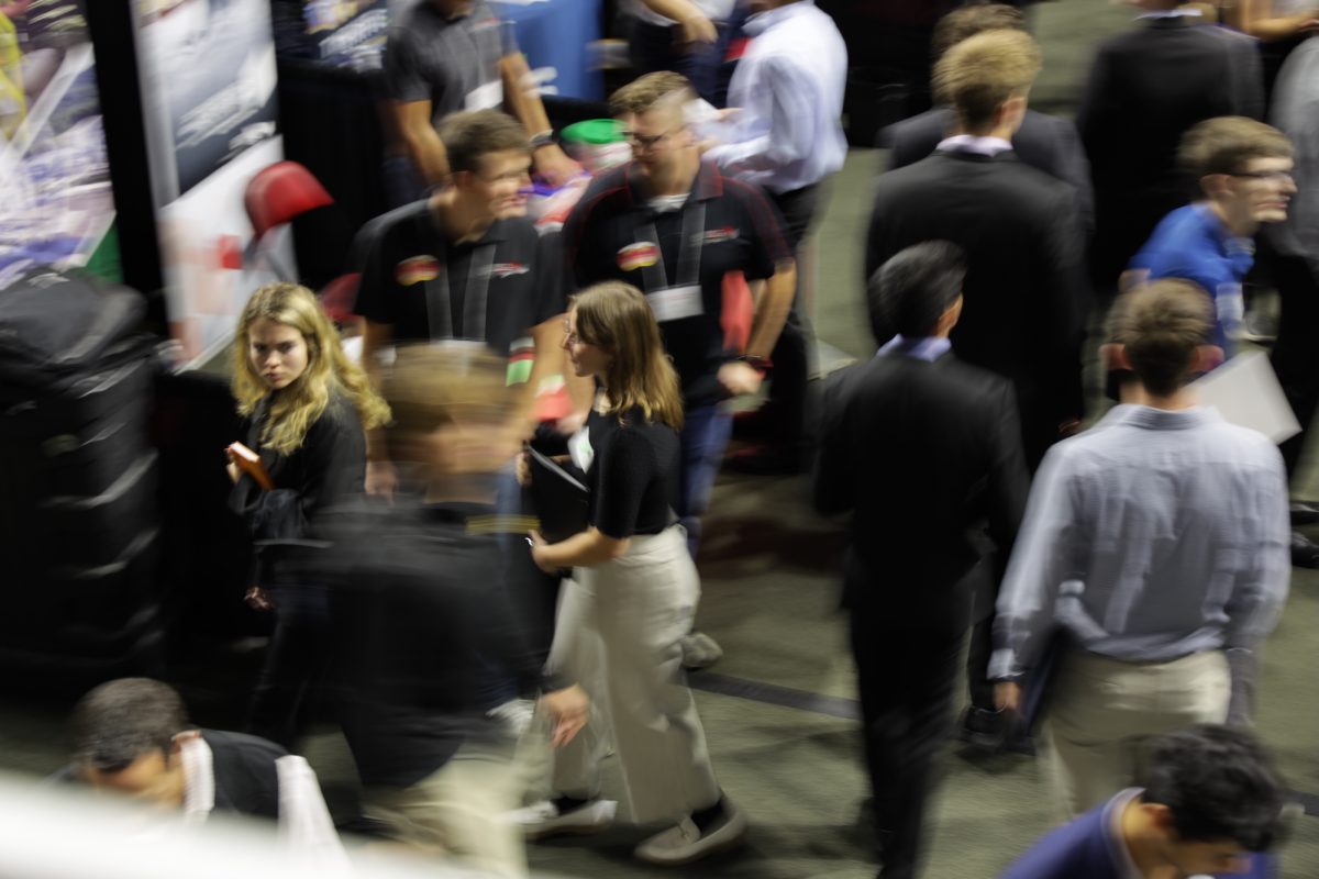 The busy Hilton Coliseum floors are packed with engineering students looking to find employment during the Engineering Career Fair on Sept. 24, 2024.