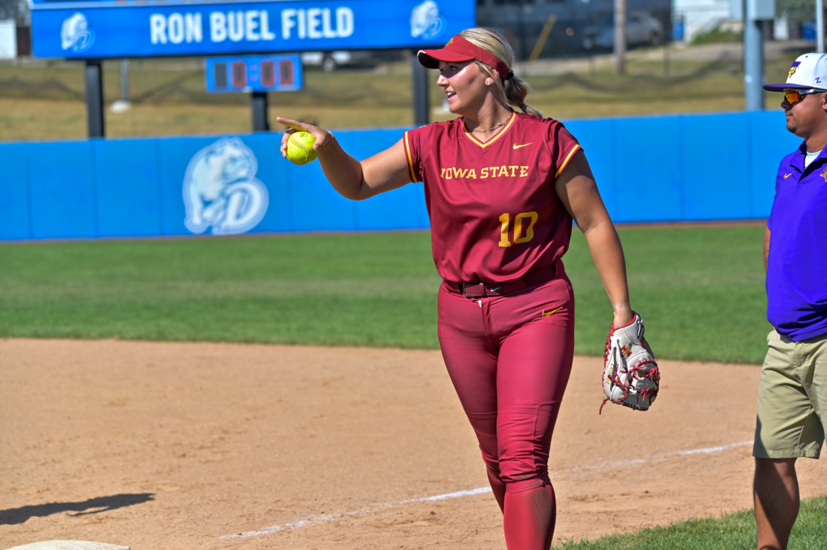 Iowa State softball first baseman #10 Paige Zender gets an out at first to end the inning against University of Northern Iowa, Sept. 29, 2024.