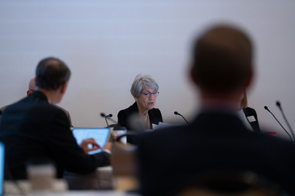 Regent Sherry Bates, president of the Iowa Board of Regents, speaks during the board's meeting at the Alumni Center on Sept. 19, 2024. 