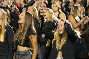 Iowa State student section fans in shock after Iowa State scores a touchdown at the Iowa State vs. University of Central Florida football game, Oct. 19, 2024. 