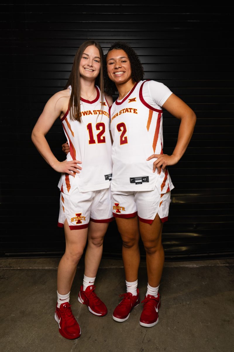 Arianna Jackson(right) and Kenzie Hare(left) at Iowa State women's basketball media day, Hilton Coliseum, Oct. 8, 2024.