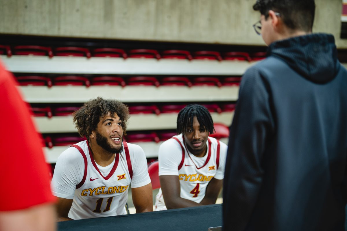 Kayden Fish (11) and Damarion Watson (4) speaks with local Iowa media at the Iowa State men's basketball media day, Hilton Coliseum, Oct. 9, 2024.