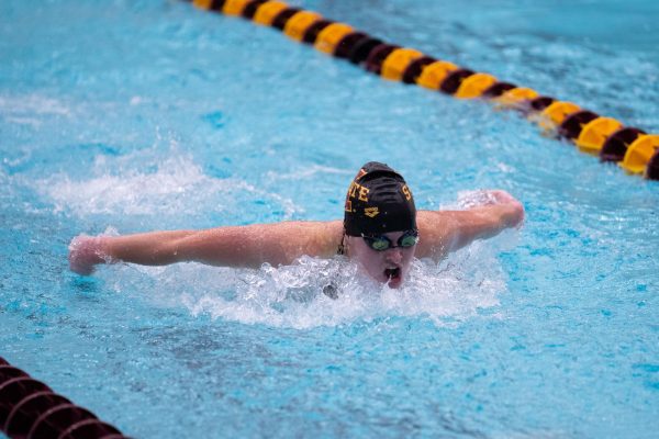 Iowa State swimmer securing first place in her event during the Iowa State vs South Dakota State, Beyer Hall, Oct. 10, 2024.