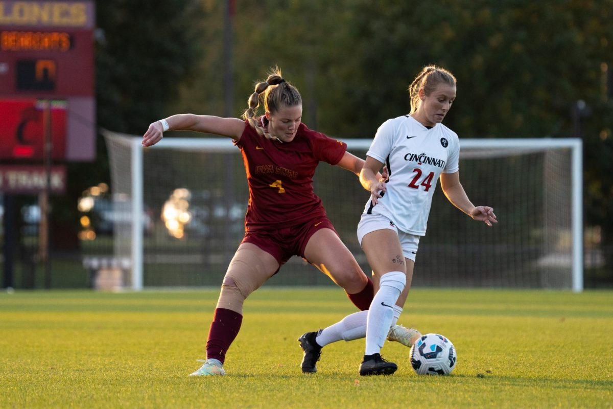 Ella Zimmerman (4) playing physical during the Iowa State vs Cincinnati, Cyclone Sports Complex, Oct. 10, 2024. 