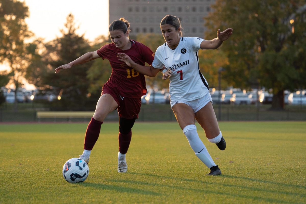 Magdelena Keck overpowering a Cincinnati defender during the Iowa State vs Cincinnati, Cyclone Sports Complex, Oct. 10, 2024. 