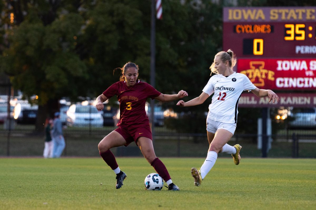 Isabella Agrusso (3) beating a Cincinnati defender to the ball during the Iowa State vs Cincinnati, Cyclone Sports Complex, Oct. 10, 2024. 