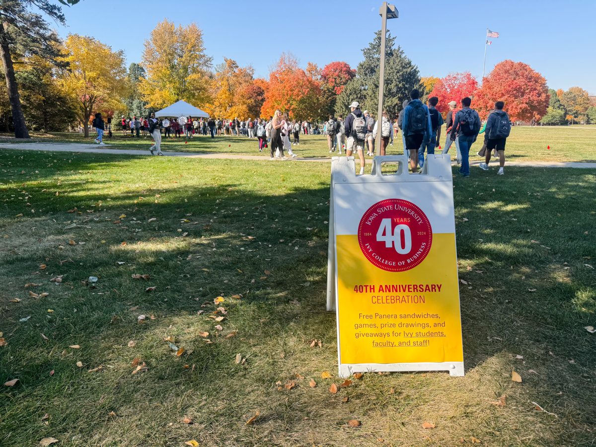 A sign on central campus for the Ivy College of Business 40th anniversary.