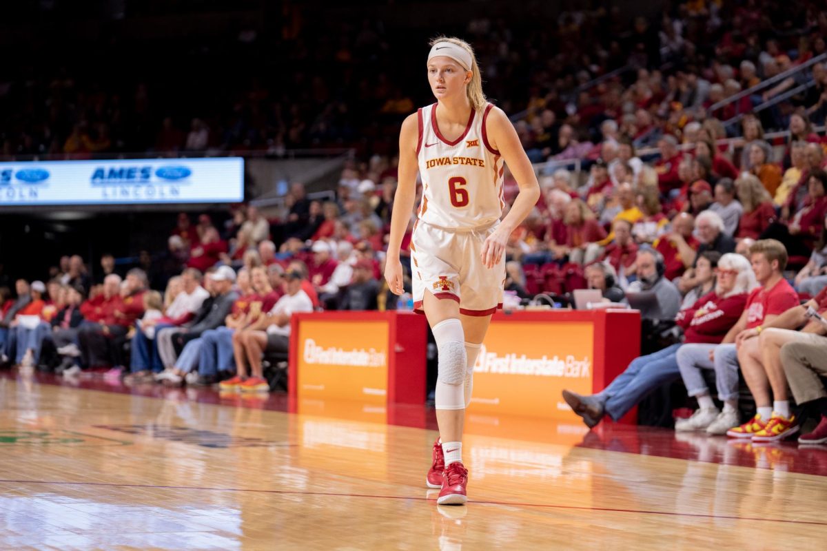 Lily Hansford (6) waiting for the ball on the perimeter during the Iowa State vs Central College match, Hilton Coliseum, Oct. 30, 2024.