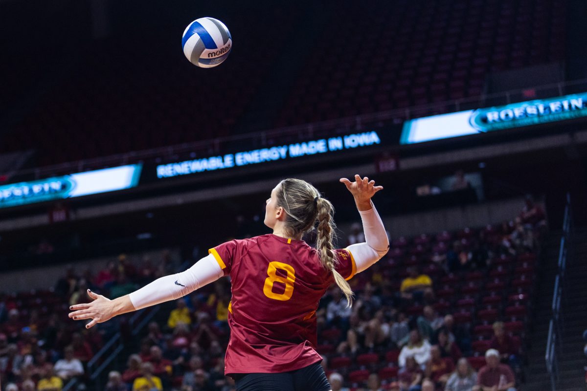 Brooke Stonestreet (8) serves the ball during the Iowa State vs Cincinnati volleyball game at Hilton Coliseum on Oct. 2, 2024.