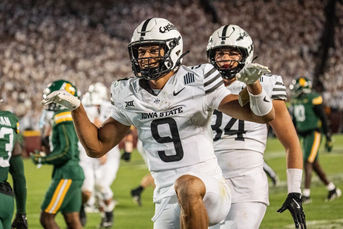 Jayden Higgins (9) celebrates after a touchdown during the Iowa State vs. Baylor football game at Jack Trice Stadium on Oct. 5, 2024.