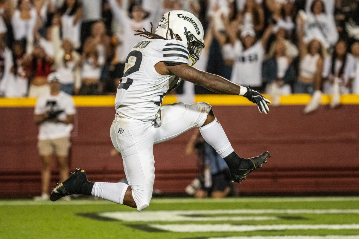 Jaylon Jackson (12) celebrates as he crosses into the end zone during the Iowa State vs. Baylor football game at Jack Trice Stadium on Oct. 5, 2024.