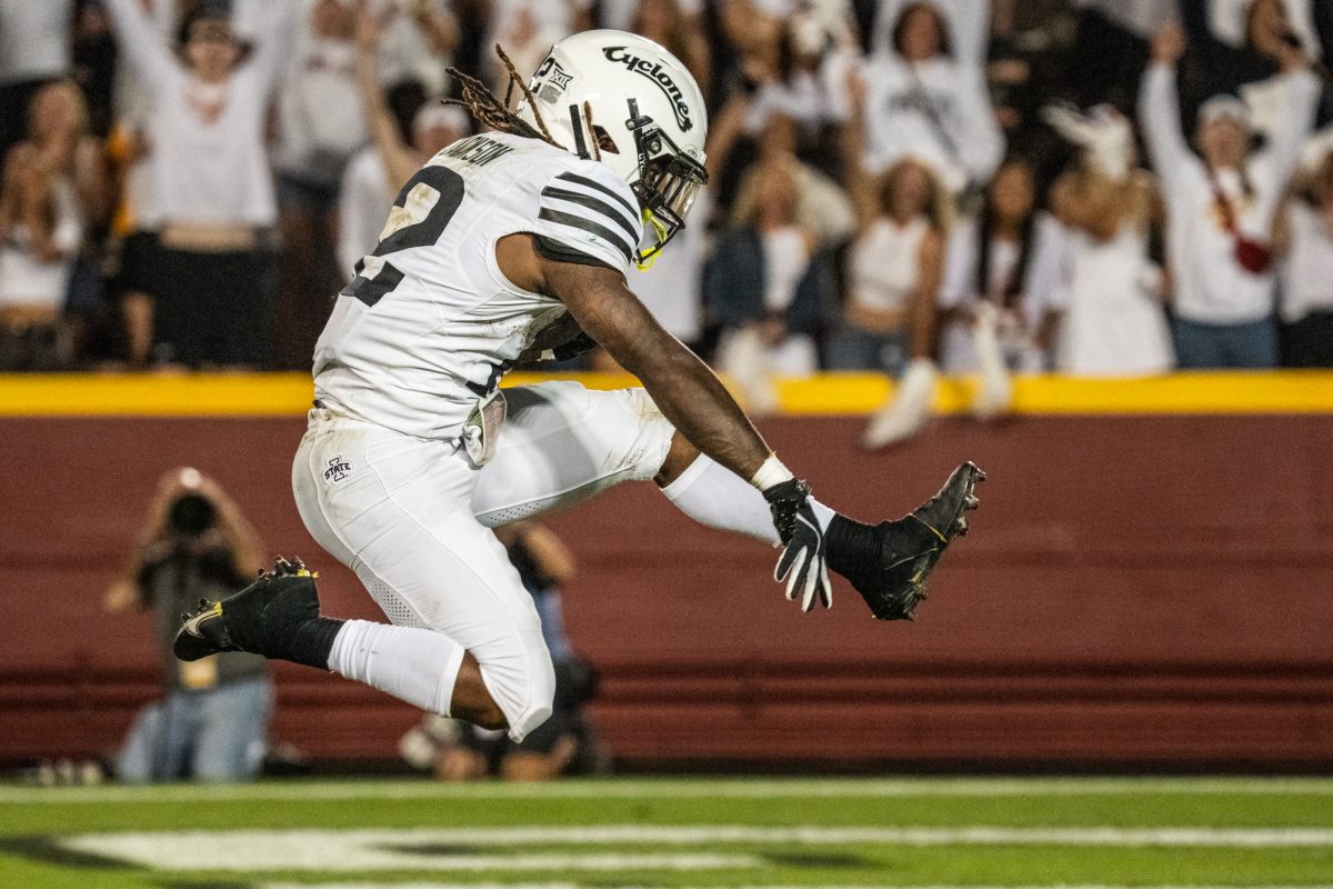 Jaylon Jackson (12) celebrates as he crosses into the end zone during the Iowa State vs. Baylor football game at Jack Trice Stadium on Oct. 5, 2024.