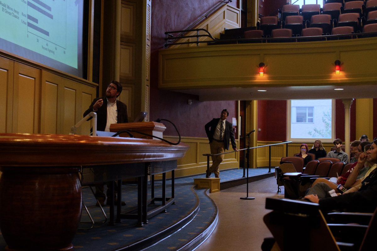 Nicholas F. Jacobs talking about survey data during "The Rural Voter: The Politics of Place and the Disuniting of America" lecture at Curtiss Hall, Oct 03, 2024.