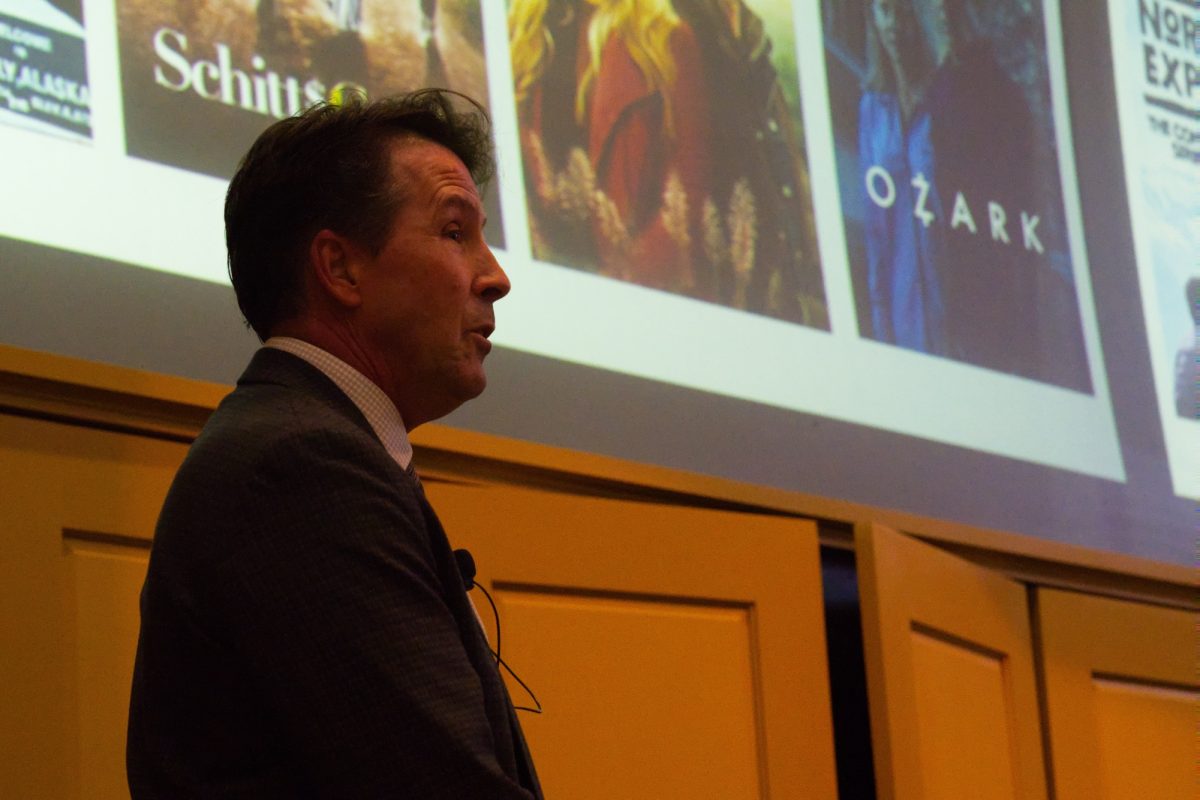 Daniel M. Shea talking about rural stereotypes during "The Rural Voter: The Politics of Place and the Disuniting of America" lecture at Curtiss Hall, Oct. 03, 2024.