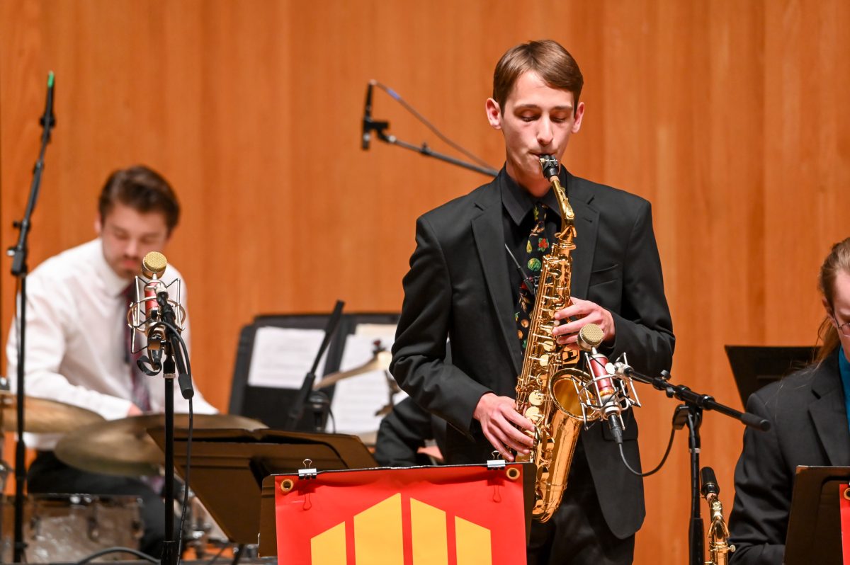 Iowa state Jazz 2.0 alto saxophone Nick Celsi preforms a solo during the song "Ballot Box Bounce" by Wynton Marsalis during the ISU Jumbo Jazz Night at Martha-Ellen Tye Recital Hall, Oct. 9, 2024.