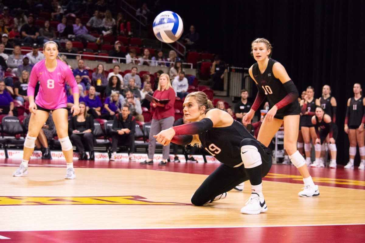 Faith DeRonde (19) keeps the ball alive during the game vs. Kansas State University,Hilton Colosseum, Ames, Iowa, Oct. 27, 2024.