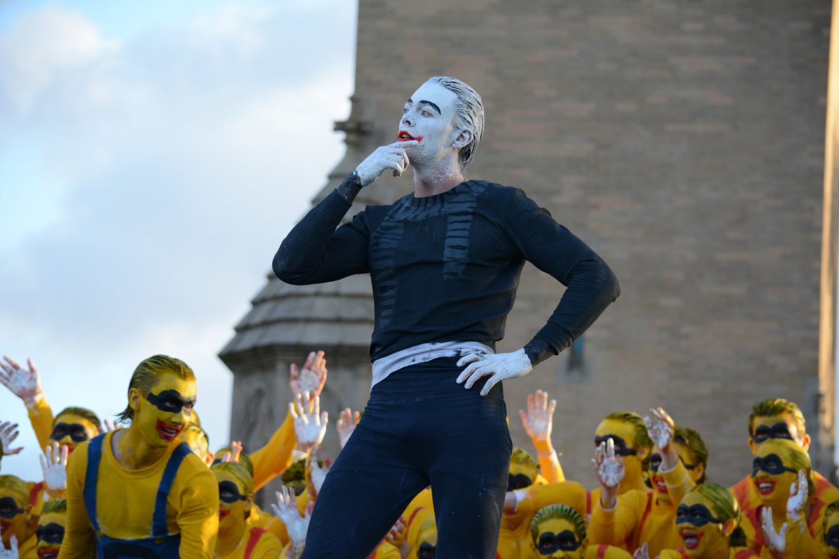 Members of the Yell Like Hell group "Despicable Cy" perform onstage during the Yell Like Hell second cuts, Iowa State University, Ames, Iowa, Oct. 31, 2024.