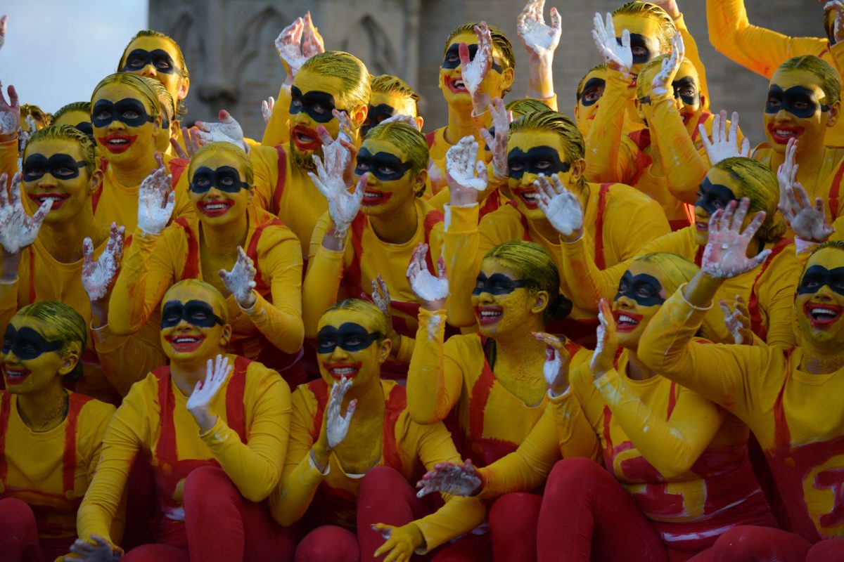 Members of the Yell Like Hell group "Despicable Cy" perform onstage during the Yell Like Hell second cuts, Iowa State University, Ames, Iowa, Oct. 31, 2024.